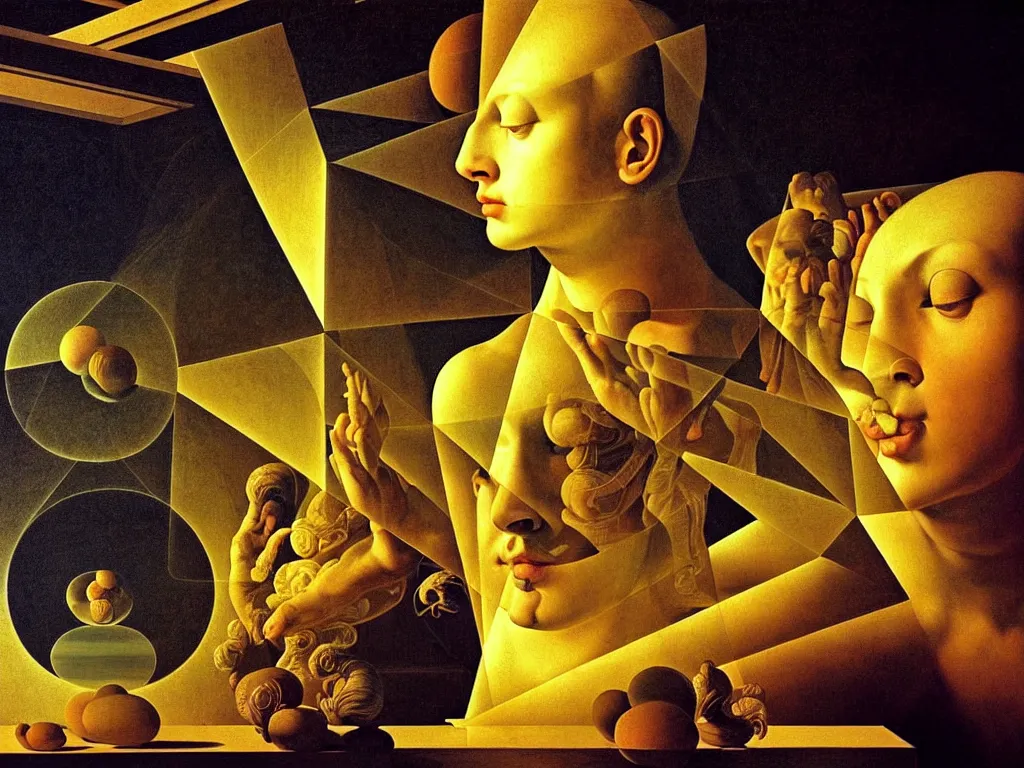 Image similar to hyperrealistic still life portrait of a mind exploding inside of a serene temple, beautiful plans, sacred geometry, light refracting through prisms in a tesseract, by Caravaggio, botanical print, surrealism, vivid colors, serene, golden ratio, rule of thirds, negative space, minimalist composition