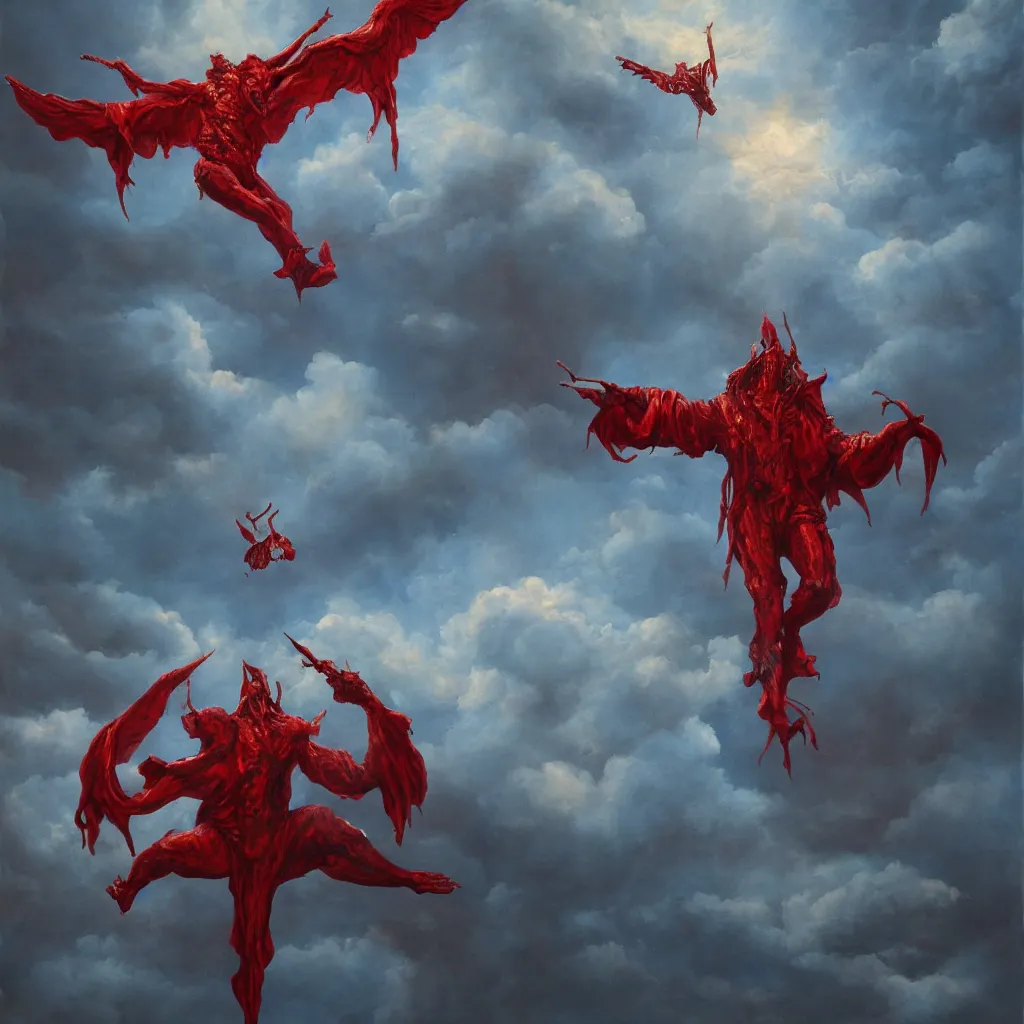 Image similar to realistic painting of a huge bloody satanic figure flying in the sky by michael whelan, ultra realistic, 8 k, streched and creepy painting. trending on, octane renderer, mesmerizing, aesthetic, beautiful