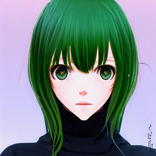 Image similar to a portrait of a pretty anime girl, brown hair, green eyes, by Ilya Kuvshinov