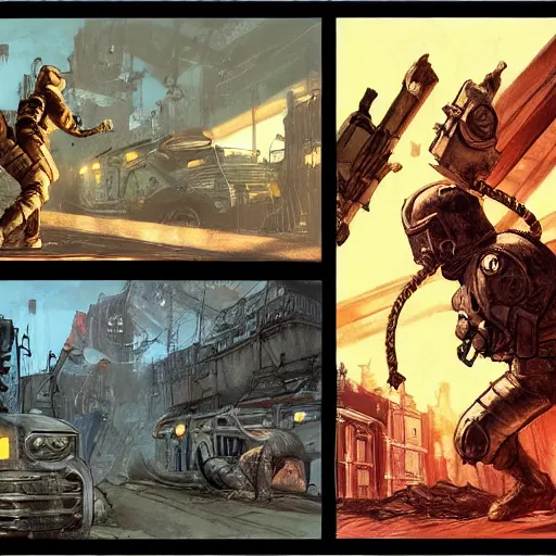 Prompt: fallout 5, concept art drawings of the opening scene, storyboard, concept art, comic style, female protagonist and armoured feline companion, atmospheric lighting, painted, intricate, volumetric lighting, beautiful, gritty, rich deep colours masterpiece, sharp focus, ultra detailed by jack kirby, ignacio fernandez rios, thierry doizon