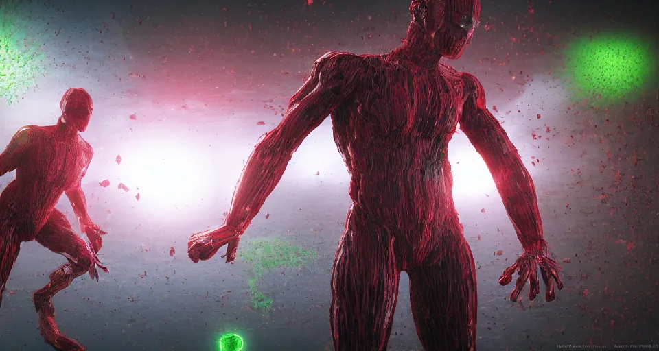 Prompt: a dystopian superhero comic book called modifikation, about bacterium algae that eats people and creates large red diodes all over their bodies hdr, designed by comicraft and yasushi nirasawa, hyperrealistic, 8 k, bokeh, prism, octane render