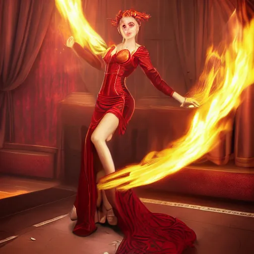 Image similar to a female magician with deep red dress and magic fire and flame circling around, intricately detailed, physically based rendering, realistic, in the style of WLOP, illustration, epic, fantasy, hyper detailed, smooth, unreal engine, sharp focus, ray tracing