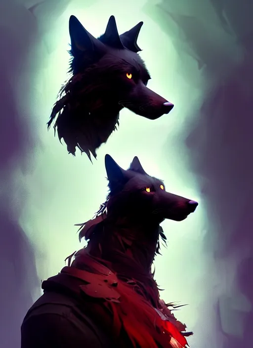 Prompt: beautiful headshot portrait of a male anthropomorphic black wolf red long hair. character design by cory loftis, fenghua zhong, ryohei hase, ismail inceoglu and ruan jia. artstation, volumetric light, highly detailed, photorealistic, fantasy, rendered in octane