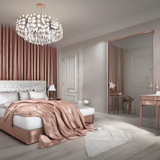 Prompt: 3 d render of white bedroom with rose gold metallic accents