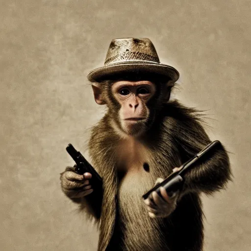 Image similar to realistic photo, a monkey holding a gun dressed as a cowboy, post apocalyptic city, award winning photograph, photograph 5 5 mm