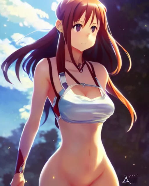 Image similar to photo of asuna from sao, asuna by a - 1 pictures, by greg rutkowski, artgerm, gil elvgren, rossdraws, enoch bolles, glossy skin, pearlescent, anime, very coherent, maxim magazine, trending