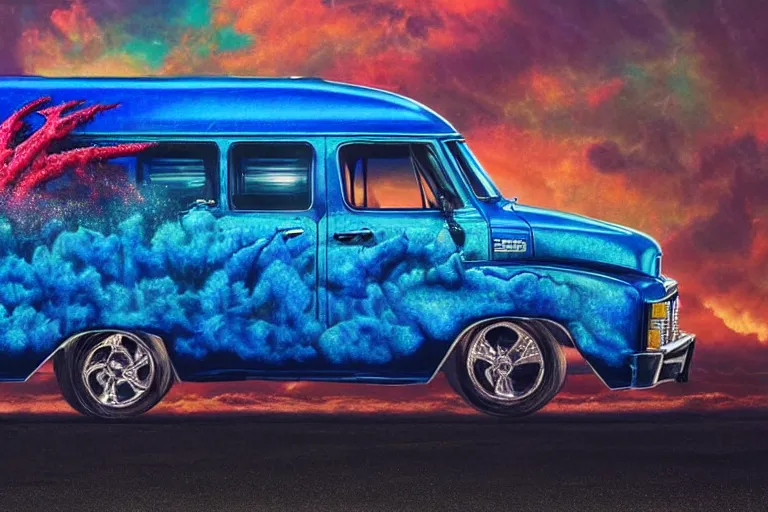 Image similar to a photo of a dark blue metallic 1 9 7 2 chevy g 1 0 panel van with an awesome airbrushed scene of a monster made of colorful coral reef emerging from the sea, 8 0 s synthwave, airbrushed, trapper keeper, lightning, explosions, creature