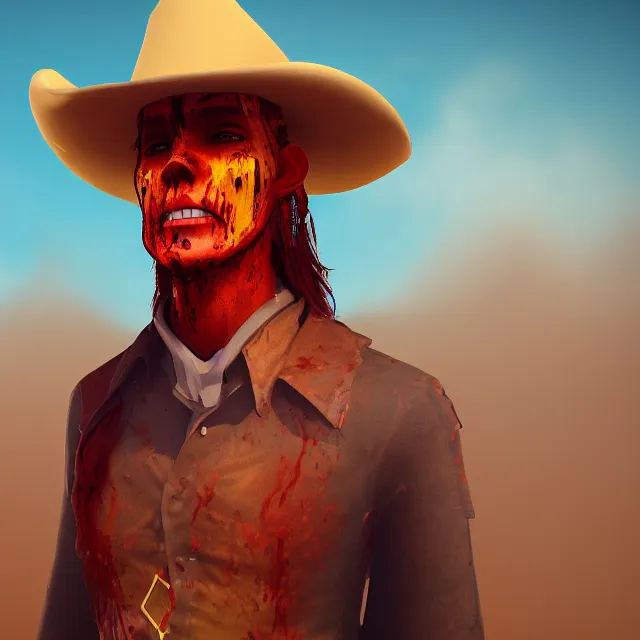 Image similar to a portrait of a bloody mysterious colorful cowboy in a foggy desert, cartoon, unreal engine, octane render, artstation, digital art.