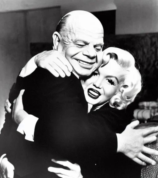 Image similar to Don Rickles hugging marlin monroe, color photo,