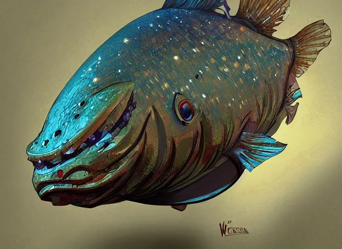 Prompt: dramatic art - portrait of a armored cavefish fish from terraria, armored deep scales exotic fish, by wlop, james jean, victo ngai! muted colors, very detailed, art fantasy by craig mullins, thomas kinkade