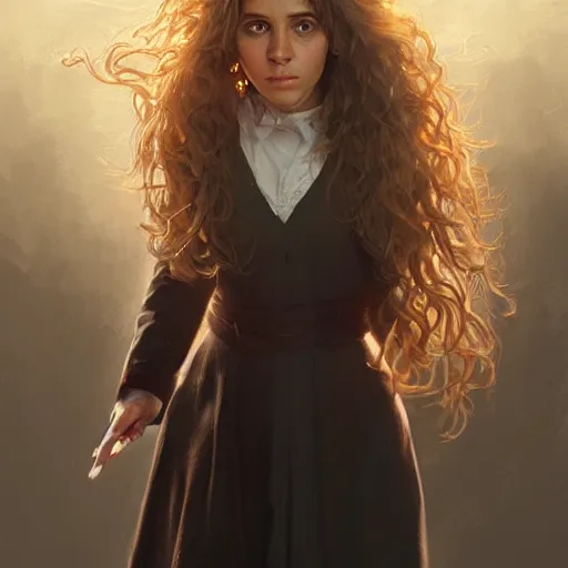 Image similar to ultra realistic illustration, hermione granger, intricate, elegant, highly detailed, digital painting, artstation, concept art, smooth, sharp focus, illustration, art by artgerm and greg rutkowski and alphonse mucha