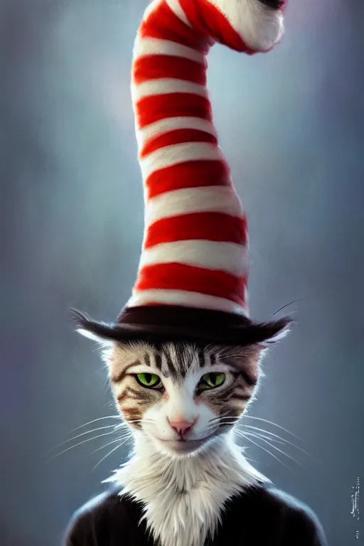 Prompt: complex 3 d render, hyper detailed, ultra sharp, of the cat in the hat, scary, cinematic, natural soft light, rim light, art by greg rutkowski and artgerm and caravaggio, dr seuss