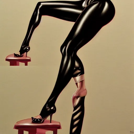 Image similar to artstation a woman seductively posing on a stool, by Hajime Sorayama, very detailed, close up, sideways