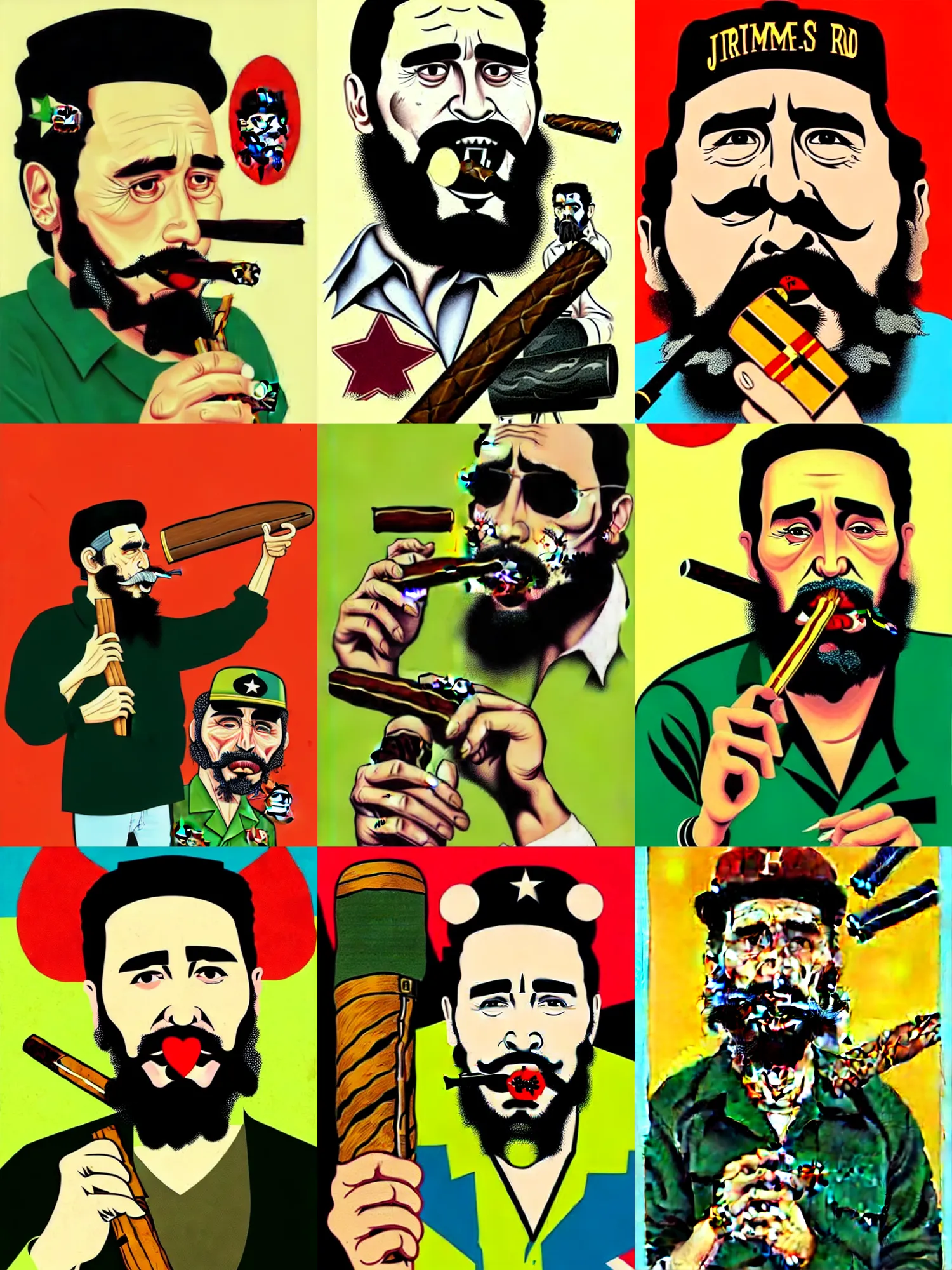Prompt: james franco as fidel castro smoking a large cigar, lowbrow, pop surrealism art style, contemporary art illustration, intricate 8 k detail, in the style of big daddy roth artwork, grand theft auto character design aesthetic