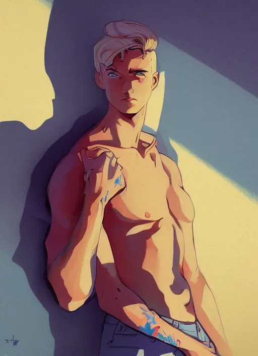 Prompt: young blonde beautiful male boy drawign graffiti on a wall, heroic, glorious, in the style of artgerm, gerald brom, atey ghailan and mike mignola, vibrant colors and hard shadows and strong rim light, plain background, comic cover art, trending on artstation
