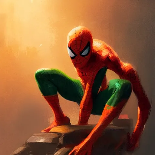 Image similar to an orange and green spiderman by greg rutkowski