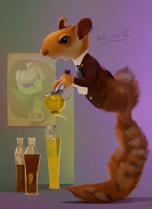 Prompt: squirrel anthro as a dapper bartender with an enormous fluffy tail, retro futurism, art deco, detailed painterly digital art by WLOP and Cory Loftis, 🐿🍸🍋, furaffinity, trending on artstation