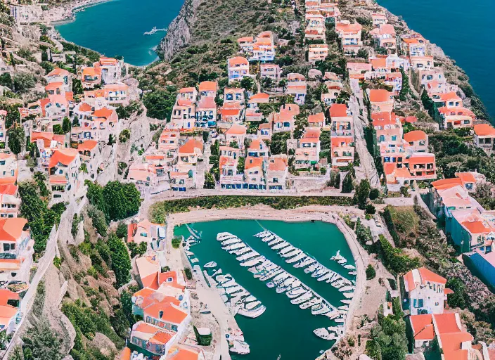 Image similar to symmetry!! a 2 8 mm macro aerial view of a beautiful seaside town in greece, photography, film, film grain, canon 5 0 mm, cinematic lighting