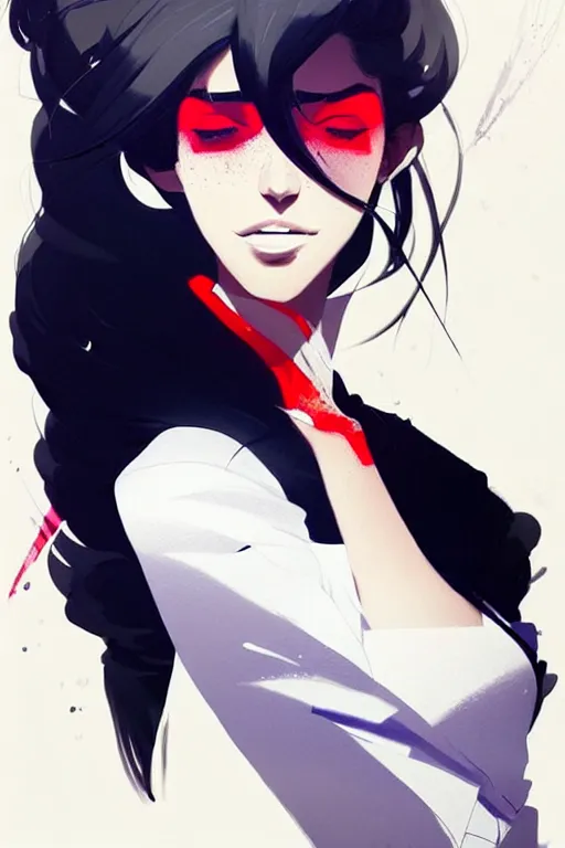 Image similar to a ultradetailed beautiful panting of a stylish woman, she is wearing a white shirt with a tie and black pants, by conrad roset, greg rutkowski and makoto shinkai trending on artstation