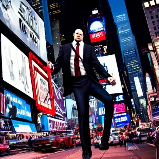 Prompt: a picture of agent 4 7 swinging in nyc times square, photorealistic