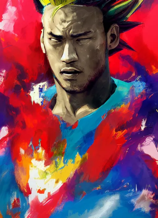 Image similar to semi reallistic gouache gesture painting, by yoshitaka amano, by ruan jia, by Conrad roset, by dofus online artists, detailed 3d render of neymar as sayajin, Neymar soccer player transformed on Super Saiyan, Neymar jr, portrait, cgsociety, artstation, rococo mechanical, Digital reality, sf5 ink style, dieselpunk atmosphere, gesture drawn