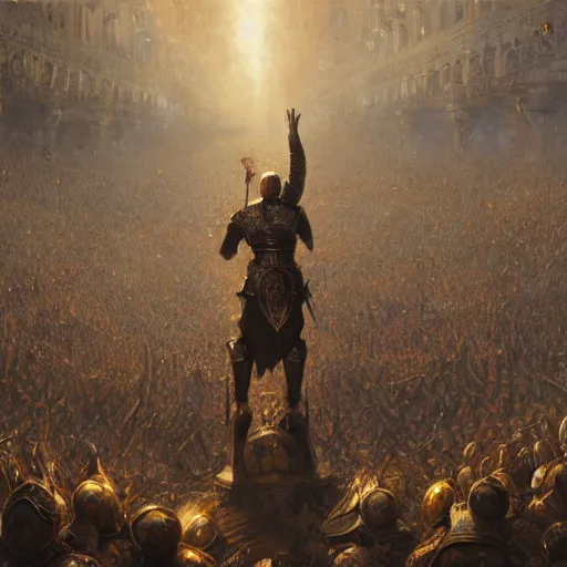 Prompt: artstation concept of a man in armor standing in a crowd gettig cheered, man with arms wide open, bright colorful, gold, hyperdetailed, artstation trending, world renowned artists, worth 1 0 0 0. com, historic artworks society, antique renewel, cgsociety, by greg rutkowski, by gustave dore, deviantart