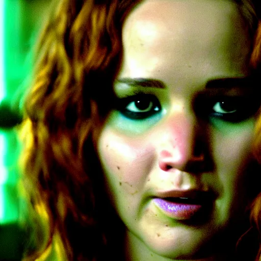 Image similar to cinematic jennifer lawrence as frankensteins monster, color photography, sharp detail, she is amused, still from the movie avengers