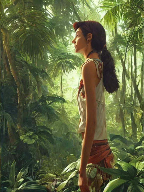 Prompt: an ultradetailed beautiful portrait painting of an explorer marching in a tropical jungle, side view, oil painting, high resolution, by ilya kuvshinov, greg rutkowski and makoto shinkai