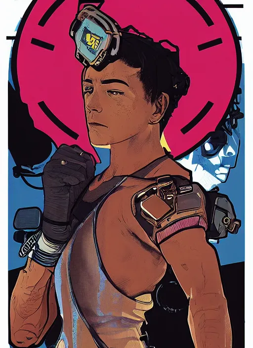 Image similar to cyberpunk olympic boxer. portrait by ashley wood and alphonse mucha and laurie greasley and josan gonzalez and james gurney. spliner cell, apex legends, rb 6 s, hl 2, d & d, cyberpunk 2 0 7 7. realistic face. character clothing. vivid color. dystopian setting.