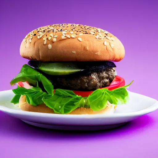 Prompt: a stock photo of a rabbit burger on a purple background, product photography, f 2. 4, bokeh effect, award winning