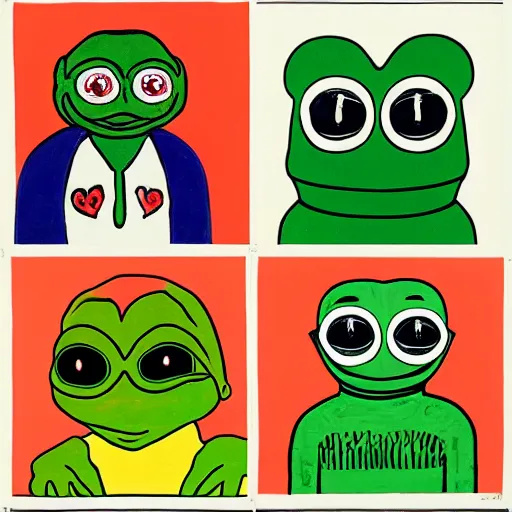 Prompt: pepe the frog, pop art style, by Jasper Johns and Alex Katz,