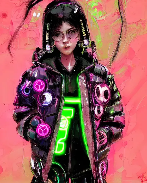 Image similar to detailed portrait Neon Operator Girl, cyberpunk futuristic neon, reflective puffer jacket, black leggings, decorated with traditional Japanese ornaments by Ismail inceoglu dragan bibin hans thoma !dream detailed portrait Neon Operator Girl, cyberpunk futuristic neon, reflective puffy coat, decorated with traditional Japanese ornaments by Ismail inceoglu dragan bibin hans thoma greg rutkowski Alexandros Pyromallis Nekro Rene Maritte Illustrated, Perfect face, fine details, realistic shaded, fine-face, pretty face