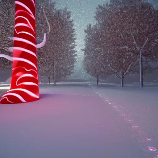 Prompt: a huge colorful candy cane topped with a little pure white snow. the candy is buried in the ground on the side of a serene foot path. there are snow flurries swirling in the air epic, awe inspiring, dramatic lighting, cinematic, extremely high detail, photorealistic, cinematic lighting, trending on artstation cgsociety rendered in unreal engine, 4 k, hq,