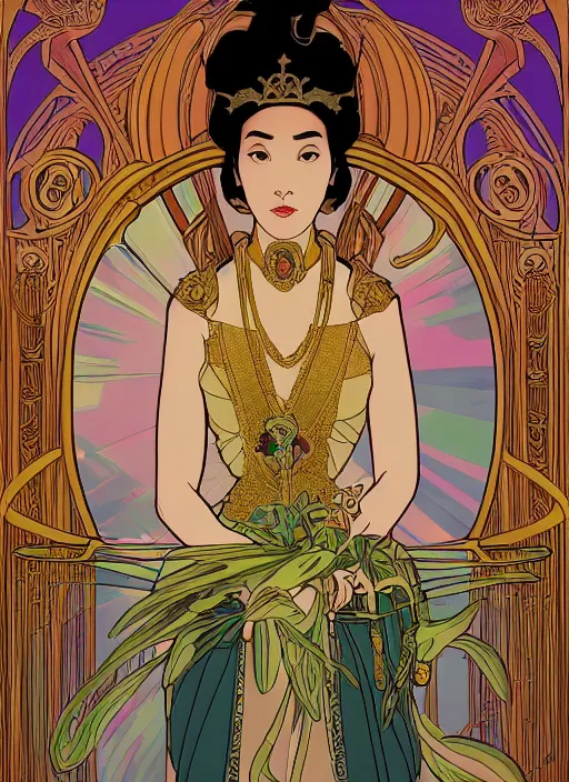 Image similar to well - lit art nouveau portrait of queen sirikrit of thailand, natural lighting, path traced, highly detailed, high quality, cartoon, digital painting, by don bluth and ross tran and studio ghibli and alphonse mucha