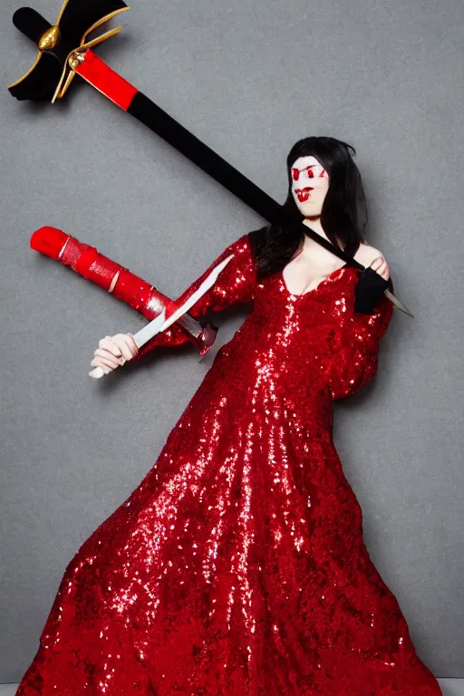 Prompt: Lord Licorice in a red and black sequins gown holding a peppermint sword