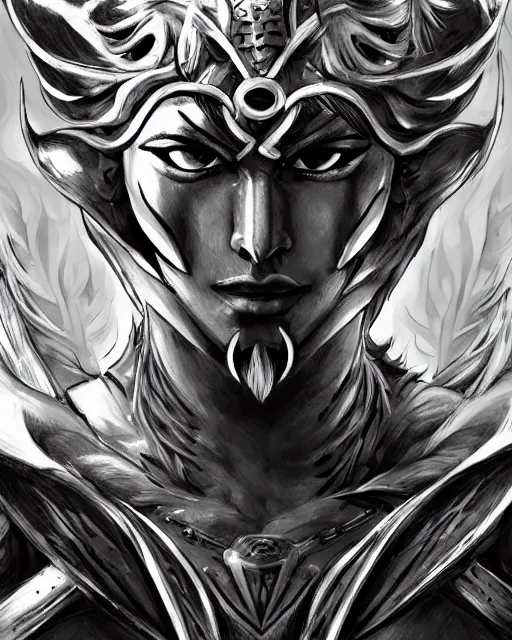 Image similar to a warrior making progress, black and white, highly detailed face, close-up, fantasy art, fighting art, in the style of masami kurumada, illustration, epic, fantasy, intricate, hyper detailed, artstation, concept art, smooth, sharp focus, ray tracing