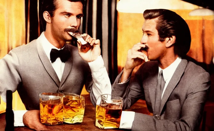 Image similar to color photo of a photomodel handsome man drinking whiskey 8 0's style