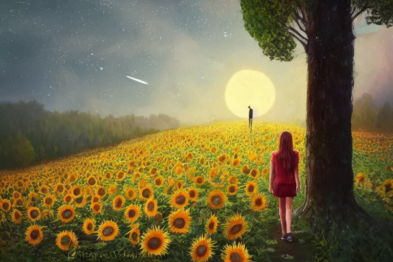 Image similar to giant sunflower as a head, girl walking between trees, hills, surreal photography, dark night, star trails, dramatic light, impressionist painting, clouds, digital painting, artstation, simon stalenhag