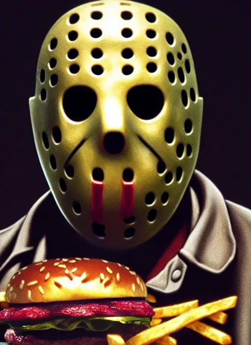 Prompt: hyper detailed 3d render like a Oil painting - Jason Voorhees (Friday the 13th) seen Eating hamburgers and french fries and big macs from mcdonalds by Jacek Yerka, Mariusz Lewandowski, Houdini algorithmic generative render, Abstract brush strokes, Masterpiece, Edward Hopper and James Gilleard, Zdzislaw Beksinski, Mark Ryden, Wolfgang Lettl, hints of Yayoi Kasuma, octane render, 8k