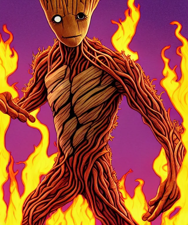 Image similar to groot being burned on fire, happy face, digital illustration by jenny frison and sana takeda and kentaro miura, fine inking lines, vivid colors, dnd, highly detailed!, hd, 4 k, trending on artstation