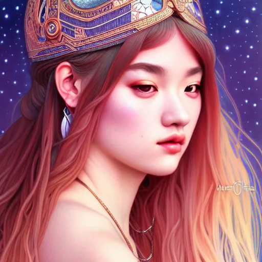 Image similar to portrait of jossi of blackpink, goddess of the moon, highly detailed, digital painting, smooth, sharp focus, illustration, ultra realistic, 8 k, art by artgerm and alphonse mucha