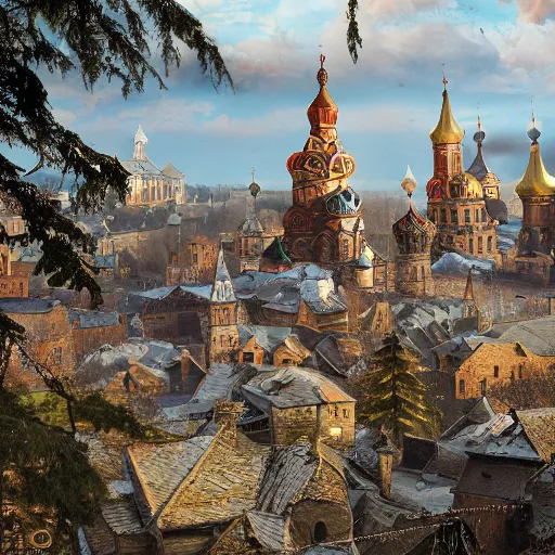 Prompt: photo ancient Slavic Russian city of Kitezh, concept art, painting by Viktor Vasnetsov, magical city, fantasy cityscape, ancient Slavs, wooden buildings, ancient Russian architecture, terem, hyperborea, top cinematic lighting , cinematic mood, very detailed, shot in canon, 8k, high resolution