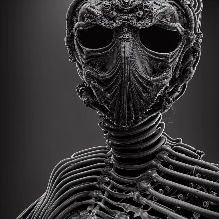 Image similar to portrait of beautiful man wearing black exoskeleton ribbed mechanical black mask covered with ribbed spinal tubes, wastelands, baroque painting, beautiful intricate insanely detailed octane render, artstation, 8 k artistic harsh flash photography, photorealistic, volumetric perfect light, chiaroscuro, beeple, annie liebovitz, raphael, caravaggio, rutkowski