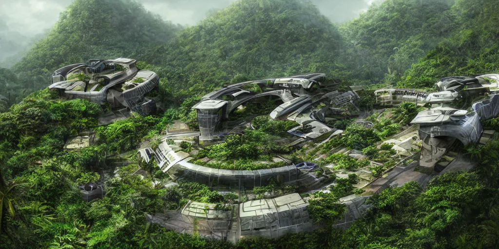 Image similar to small futuristic wealthy busy maximum security prison on a hill in jungle. Poor slums are at the foot of the hill, tropical climate, award winning!, video game concept art, scifi, rural, UE5