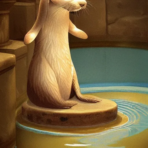 Image similar to anthropomorphic otter in a greek art style sitting in a pool of water, traditional painting, soft lighting, beautiful