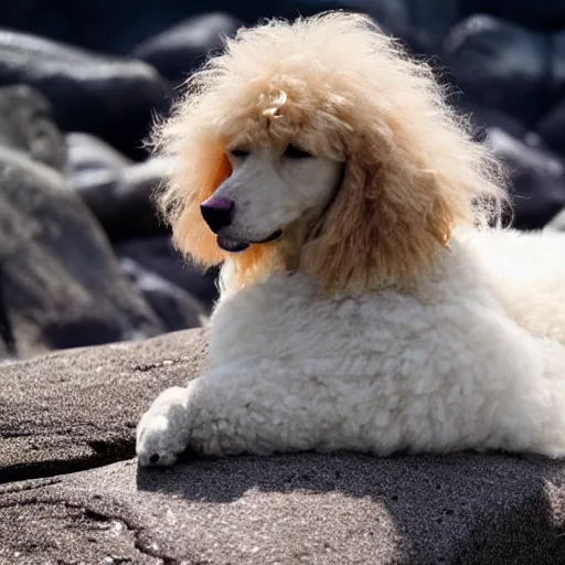 Image similar to cross between a poodle and a leppard seal, basking on arctic rocks, fluffy white curly fur, award winning photography
