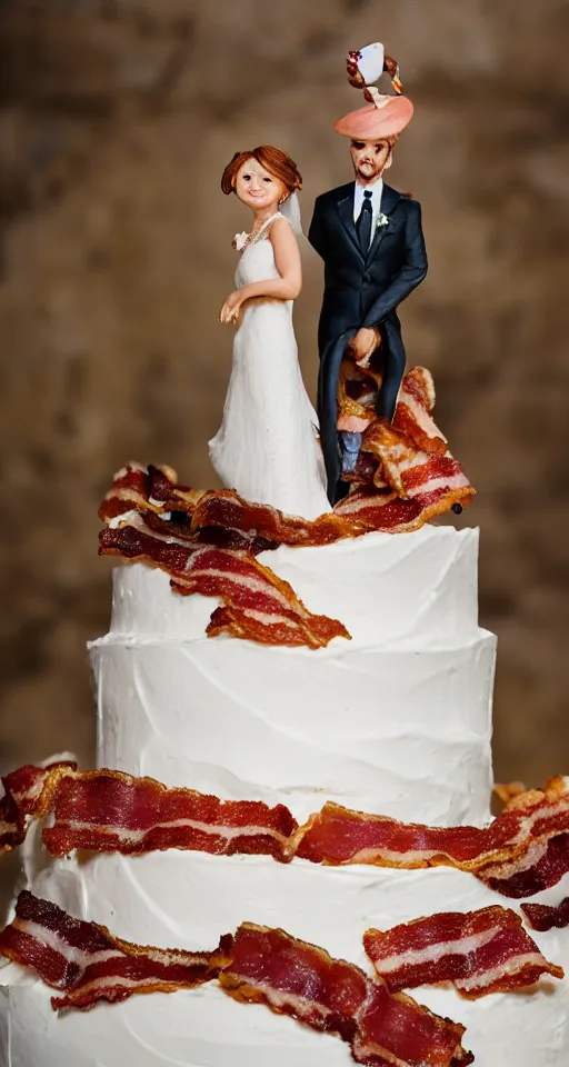 Image similar to a wedding cake made of bacon, professional food photo, by linda eastman, bride and groom on top of the wedding cake,