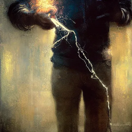 Image similar to knight holds lightning in his hand sparks everywhere, realistic, ultrahd, jeremy mann painting