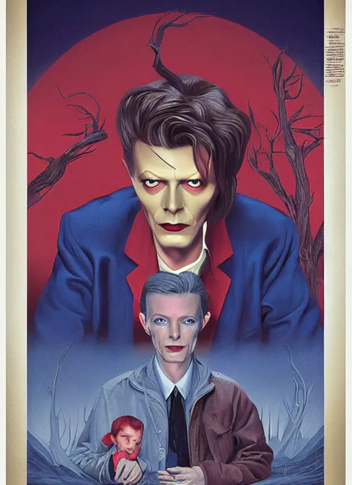 Prompt: twin peaks poster art, portrait of david bowie meets the little boy the prince of darkness, by michael whelan, rossetti bouguereau, artgerm, retro, nostalgic, old fashioned