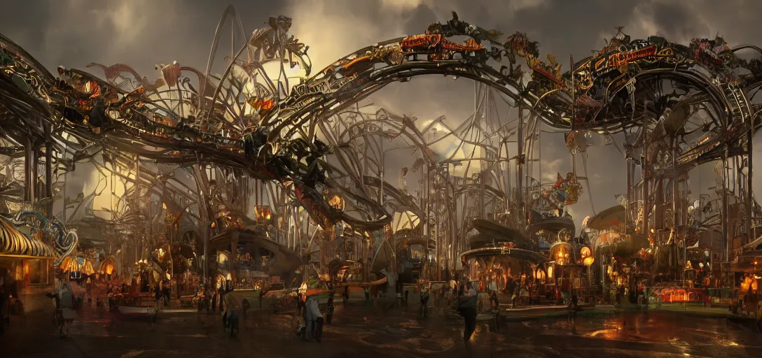 Prompt: synthesizer music themed amusement park, trending on artstation, dramatic lighting, octane render, weta digital, micro details, 3 d sculpture, structure, ray trace, insane details, intricate, elite, ornate, elegant